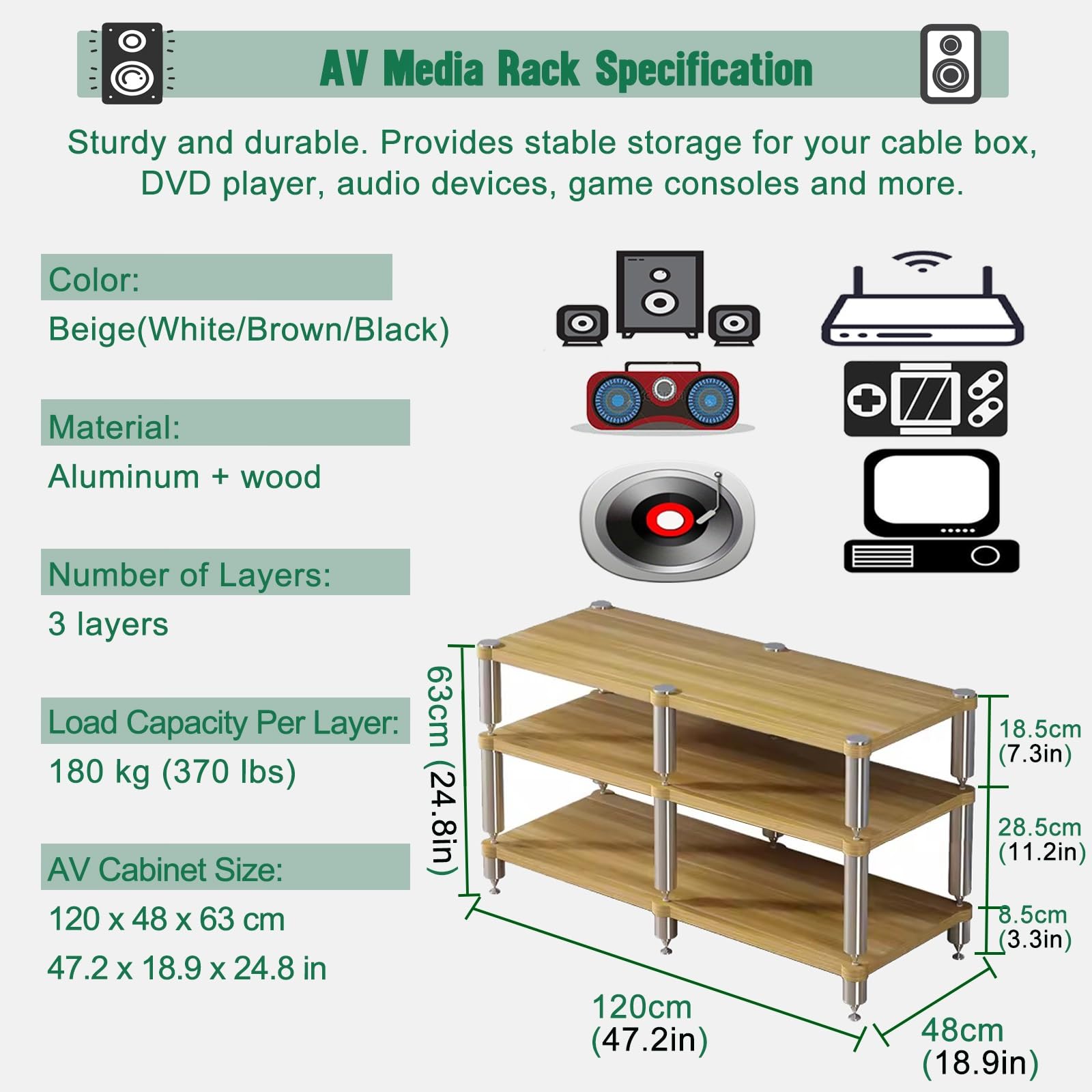 Stojak na sprzęt do kina domowego AV Heavy Duty, szafka na komponenty audio/Media Stereo Stojak na wyposażenie, 2, 3, 4 poziomy, drewniany sprzęt audio, organizer półka (czarna, 120 x 48 x 63 cm)