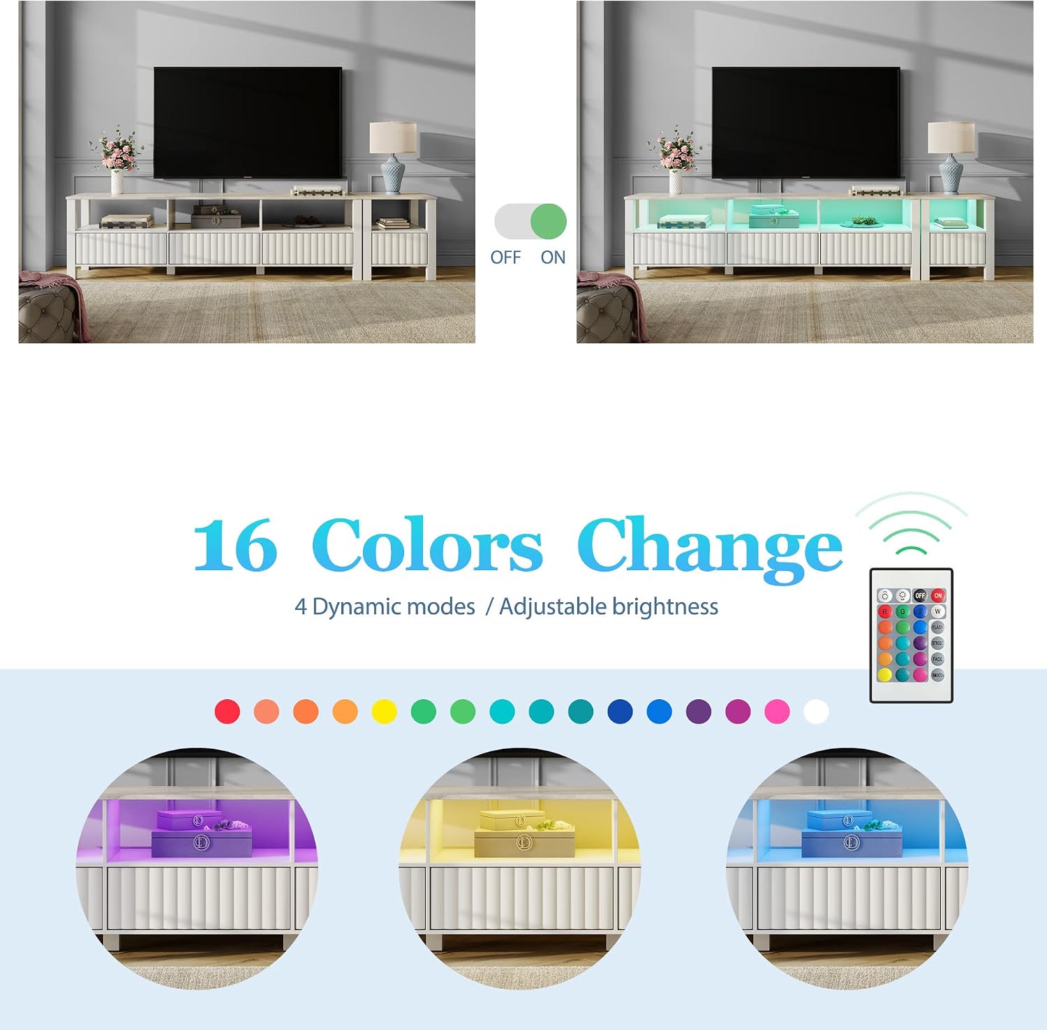 WAMPAT 85 Inch TV Stands for Living Room with 16 Color RGB LED Light, Modern TV Console Table for 65-80 Inch TV with Storage Cabinet, Televion Stands with Side Table for Bedroom, White