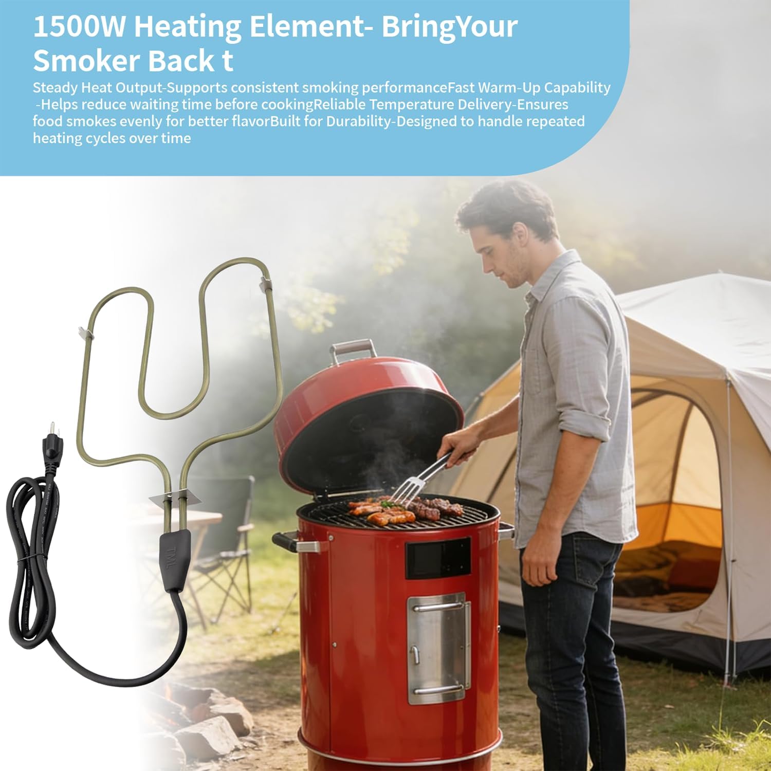 Electric Heating Element 116-7000-0 Fit for Brinkmann Gourmet Electric Smoker for SmokeN Grill 810-5290-5 810-5290-C 810-7080-0 810-7080-K 810-7090-S 1500W 120V Heating Coil with 70" Grounded Cord