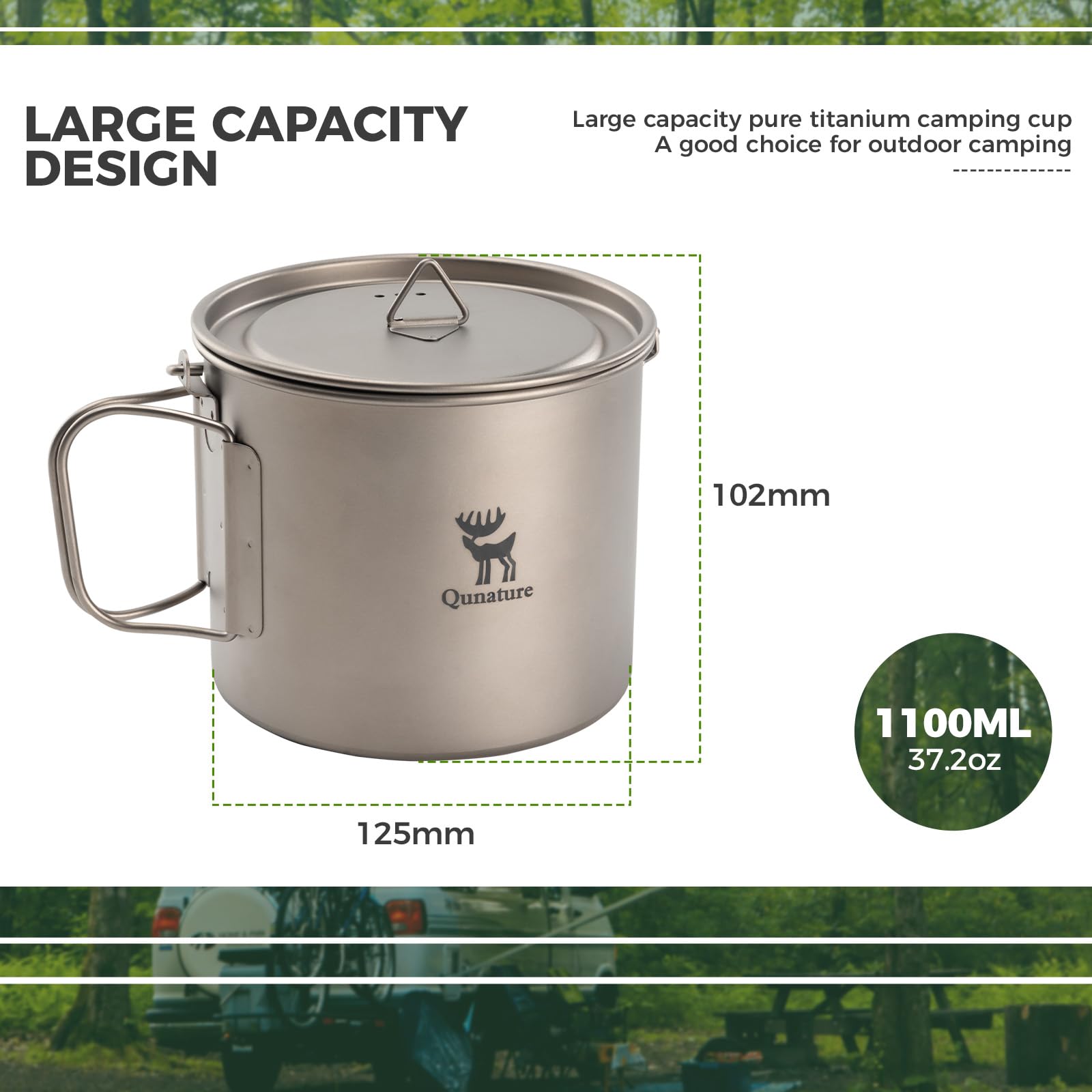 Kubek Tytanowy 1100ml z Pokrywką i Składanym Uchem, Ultralekki Kubek Turystyczny z Czystego Tytanu, Naczynie Biwakowe na Wodę Kawę Herbatę – Antybakteryjny, do Kempingu i Trekkingu