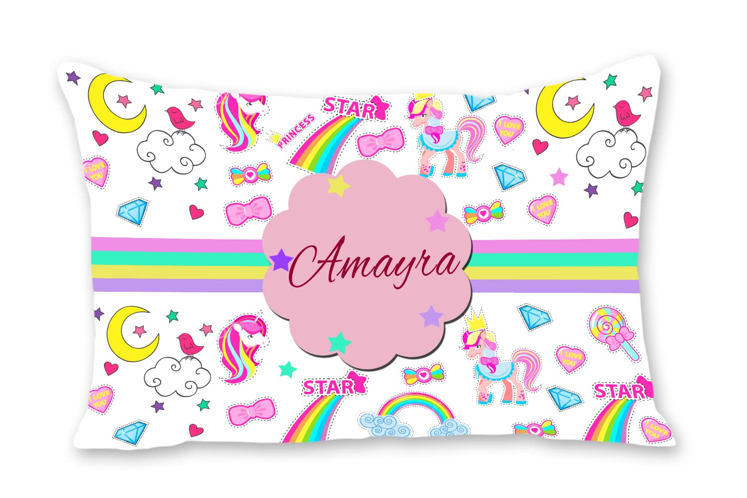Pixelkari Personalised Unicorn Pillow/Cushion with Kid Name for New Born Baby - 18x12 inch