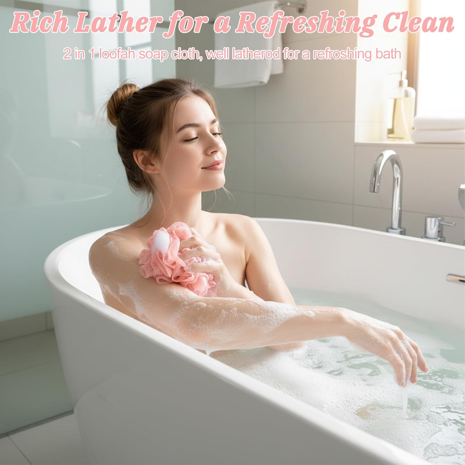 Qianyu 3 Pcs Loofah Soap Bar Loofah 2-in-1 Washcloth Combo Saver Pouch Reusable Exfoliating Shower Mesh Hold Drawstring Cleansing Puff Ball with Soap Pocket for Bathing Body Wash