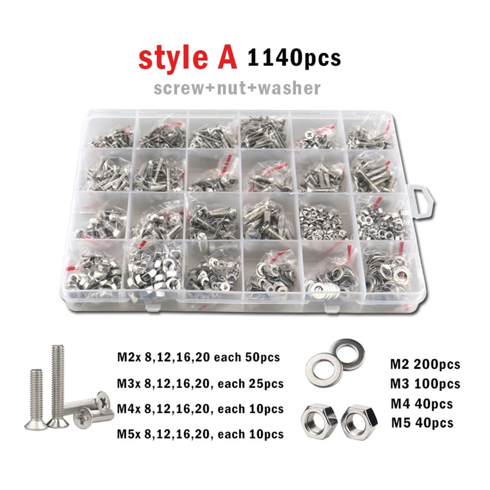 Yjin store 2100-250 Uds M1.6 M2 M2.5 M3 M4 M5 304 Perno De Acero Inoxidable Cruz Plana Cabeza Avellanada Tornillo Tuerca Arandela Conjunto Caja (Color : M2-M5-1140pcs)