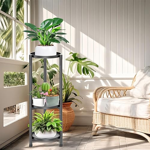 Miniatura 3 de Soporte para plantas de 3 niveles para interior, soporte alto de esquina de metal negro para múltiples plantas, estante para macetas al aire libre