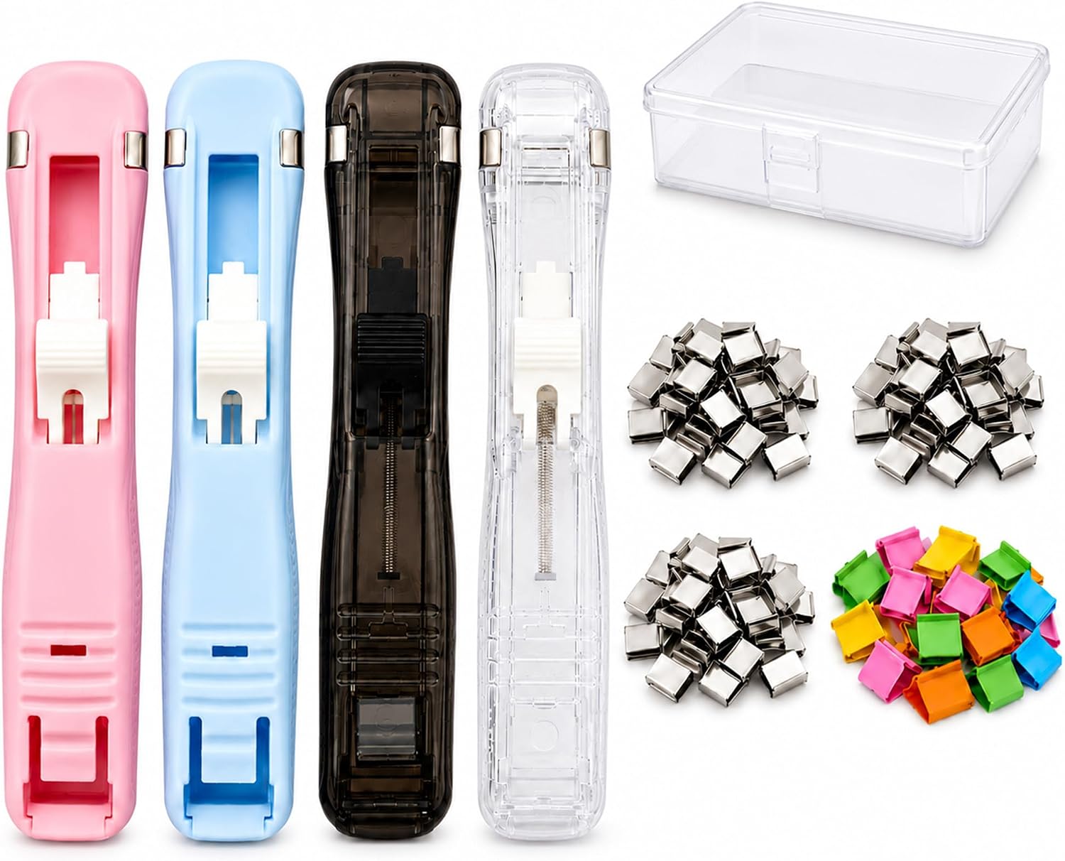 4 Pcs Portable Binder Clip Stapler with 200 Reusable Clips