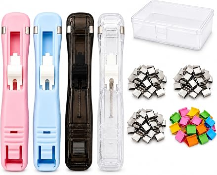 4 Pcs Portable Binder Clip Stapler with 200 Reusable Clips