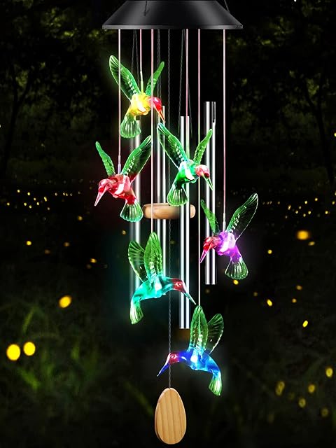 DesGully Chimes de vent,Cummingbird Solar Wind Chimes pour l'extérieur, Tubes d'aluminium Memorial Wind Bell pour Garden / Patio Decor cadeaux d'action de grâce pour maman, femme, Grand-mère Voisins(25 Tonalité profonde de pouce)