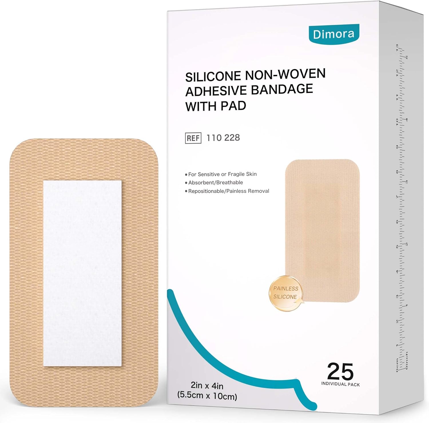 Dimora Silicone Non-Woven Adhesive Bandage with Absorbent Pad, Sterile Dressing 2" x4", Hypoallergenic Latex-Free, Breathable Silicone Bandages for Sensitive Skin & Adhesive Allergy, 25 Count
