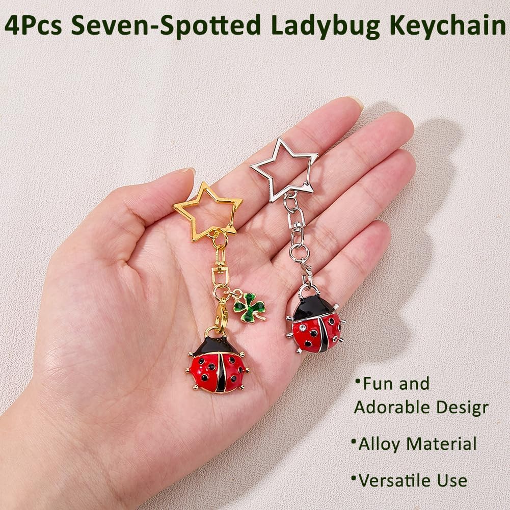 SUPERFINDINGS 4Pcs 2 Colors Ladybug Keychain Cute Ladybug Keyring with Four Leaf Clover Enamel Pendant Bag Decorations Car Key Charms Key Ring for Bag Purse Wallet Handbags Backpack image 4