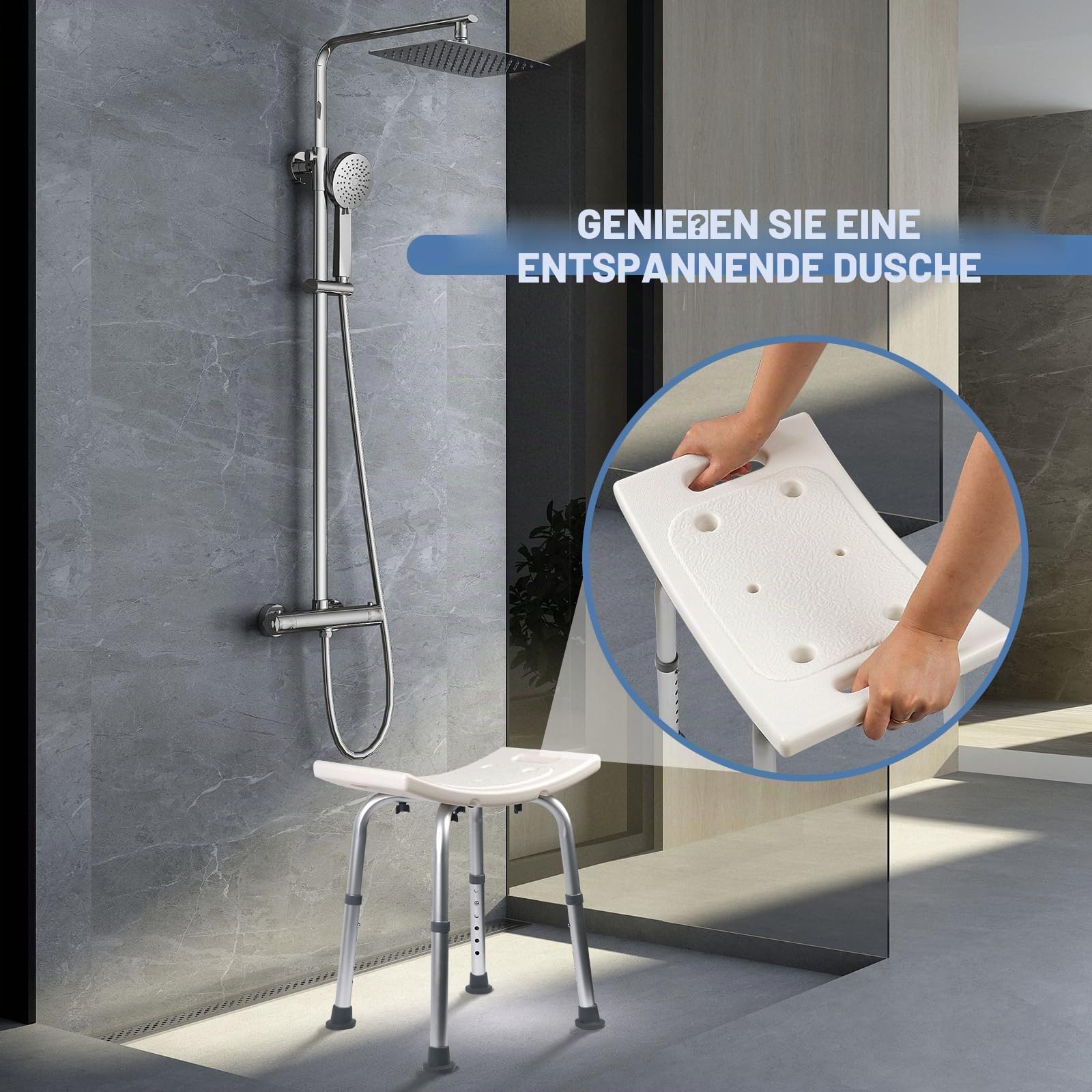 Ez2care Duschhocker, Höhenverstellbarer Duschstuhl, Rutschfester Badhocker für Dusche & Badewanne, Stabiler Aluminium Duschsitz, Leicht, Komfortabel, Vielseitig & Belastbar bis 136 kg, 37,5–49,5 cm