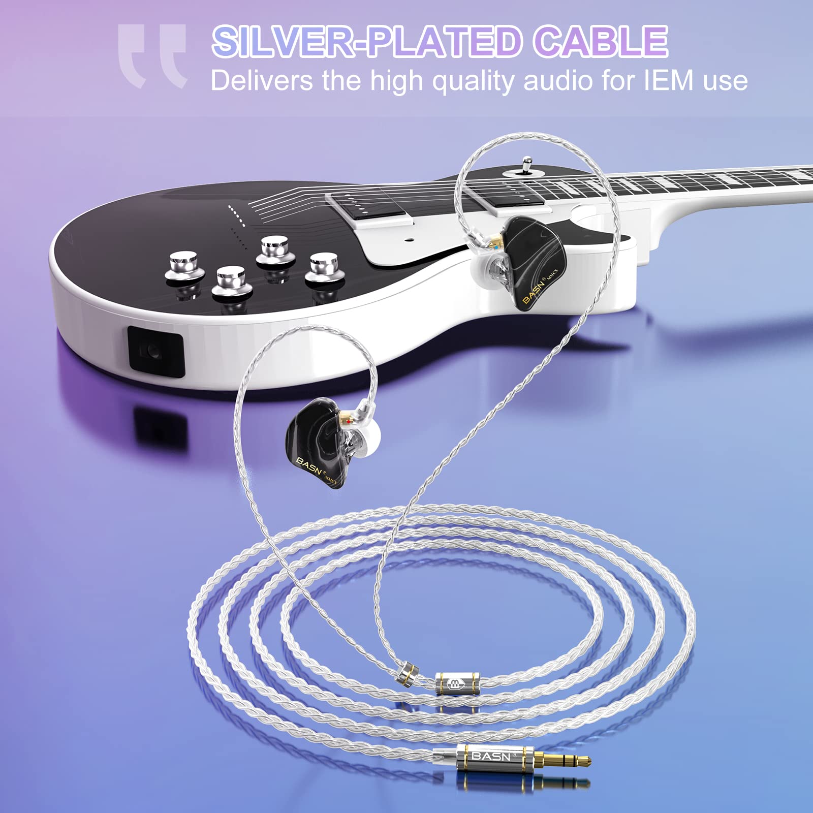 BASN MMCX Moniteurs intra-auriculaires triple pilote basses riches, écouteurs HiFi stéréo IEM câbles amovibles améliorés pour audiophiles musiciens (porcelaine noire)