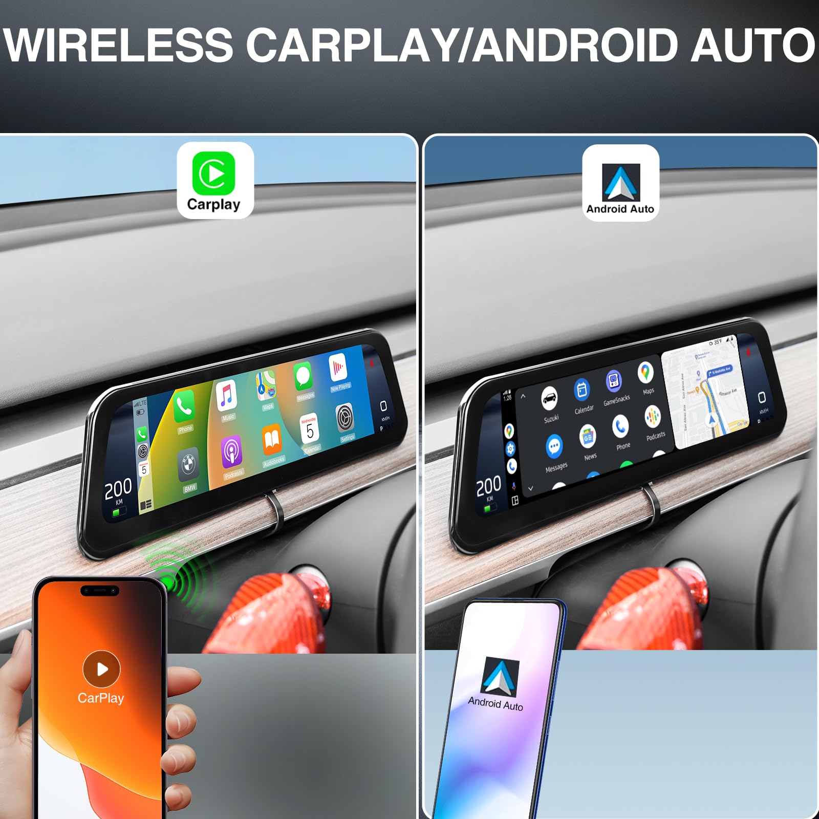 Affichage HUD Tesla pour Model Y (2019-2024) & Model 3 (2017-2023) – 9,66" sans Fil CarPlay/Android Auto, Alerte d'angle Mort, Écran Anti-Reflets