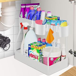 YIFOV Under Sink Storage Shelf 2 Tier Kitchen Storage and Organisation Storage Rack Basket with 4 Hooks and 2 Hanging Cup for Kitchen, Bathroom, Pantry, White