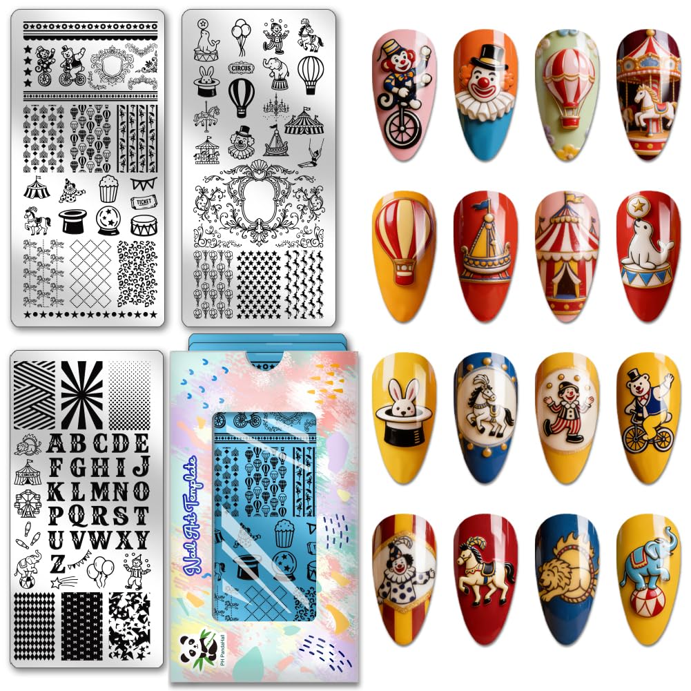 PH PandaHall 3 placas de estampado de uñas de circo, plantillas de arte de uñas de payaso, animal, geométricas