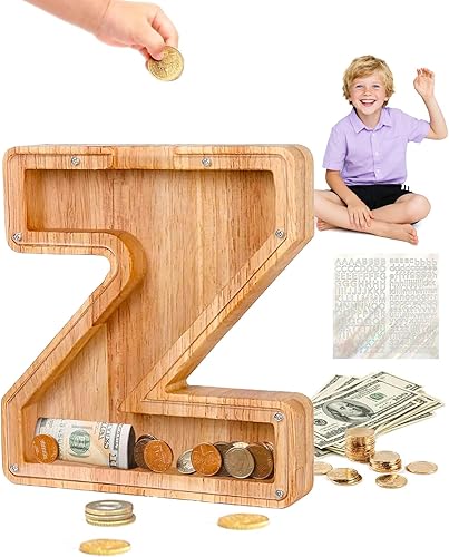 Miniatura 59 de Alcancía de madera con letras de madera, alcancía para niños y niñas, grande, 26 alfabetos, banco de dinero con nombre personalizado transparente