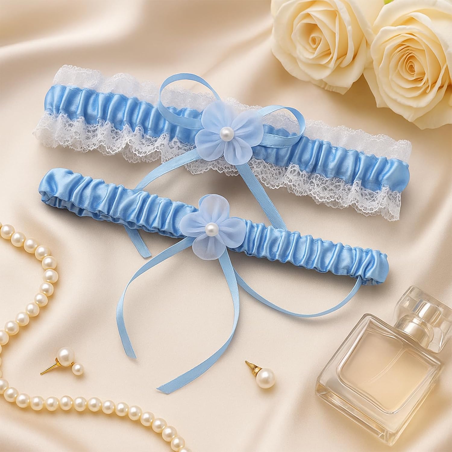 Blue Garters for Bride, Something Blue White Lace Thigh Leg Garter One Size for Wedding Women, Bride to Be Bridal Shower Outfit Engagement Gift