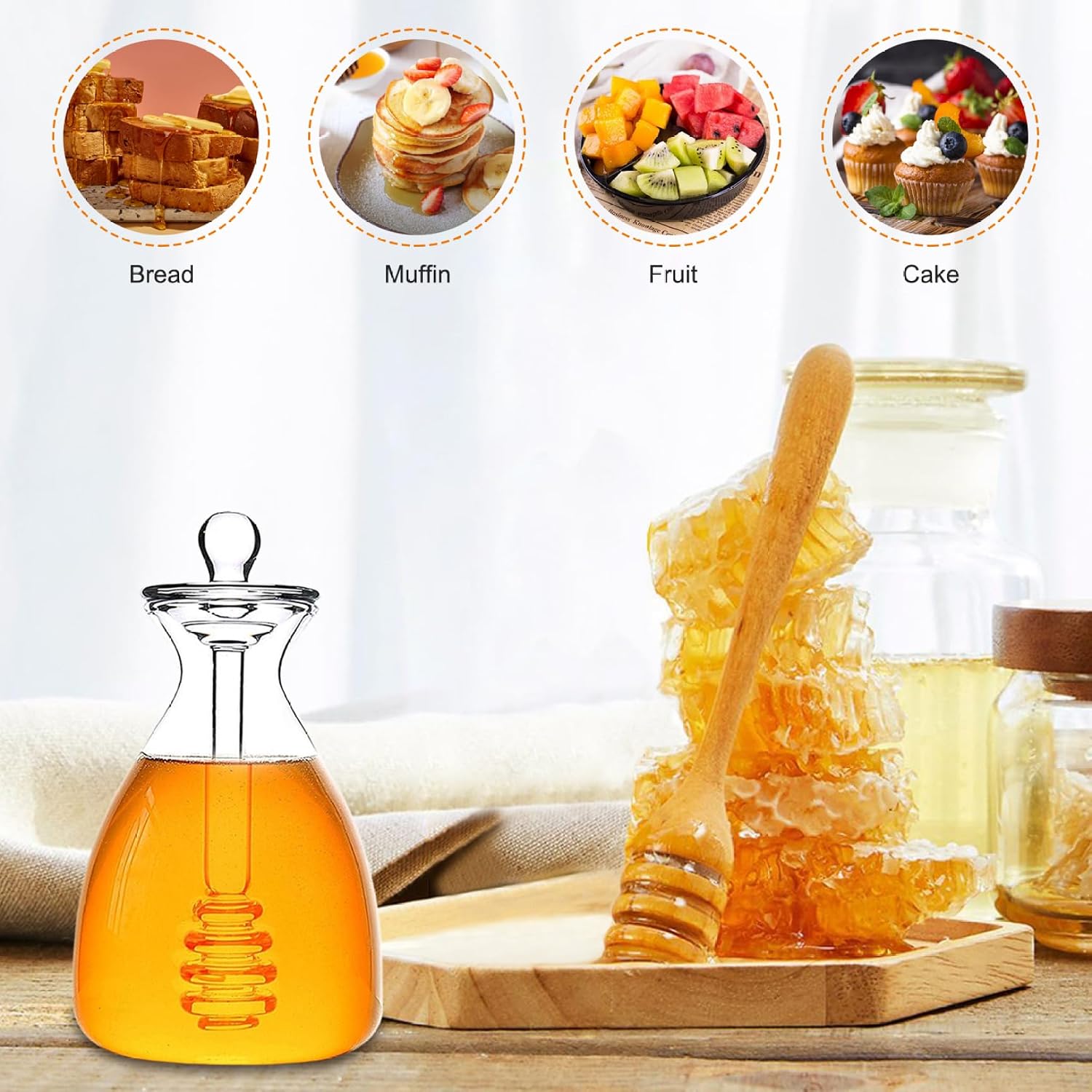 Glass Honey Dispenser Portable Clear Honey Pot and Drizzler Glass Jar with Dipper and Lid Creative Bottle Container Home Kitchen Accessories. image 5