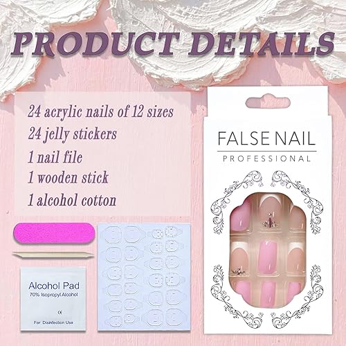 Miniatura 3 de SWEKKE Uñas postizas cuadradas medianas con punta francesa, uñas postizas de cobertura completa rosa con diseños de diamantes de imitación rosados,