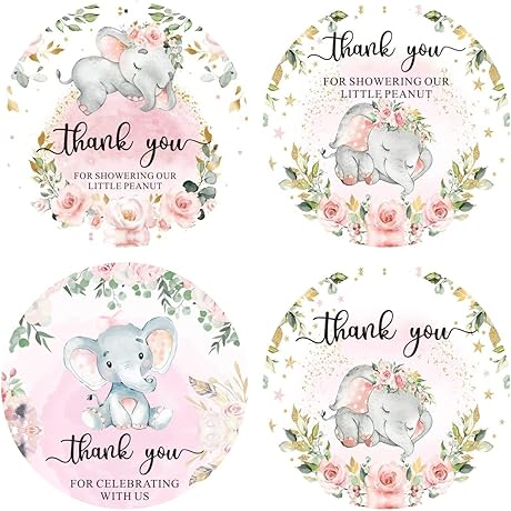 80 Pack of 2" Round Cute Elephant Stickers Baby Shower Thank You...