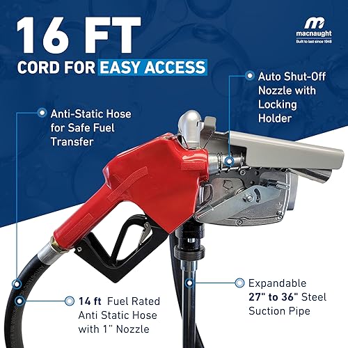 Miniatura 4 de Macnaught Bomba de transferencia de combustible M3 120V, bomba de combustible de alto flujo de 15 GPM, apagado automático, boquilla, manguera de