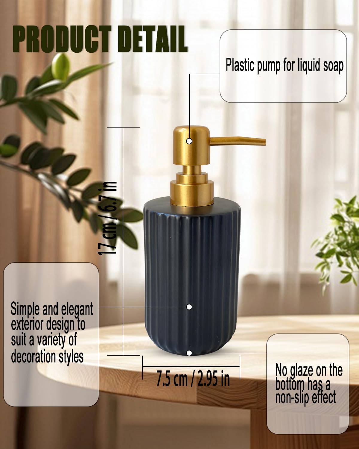 Ceramic Hand Soap Dispenser with Plastic Pump, Simple Style Gold and Black Cylindrical Dispenser - Image 2