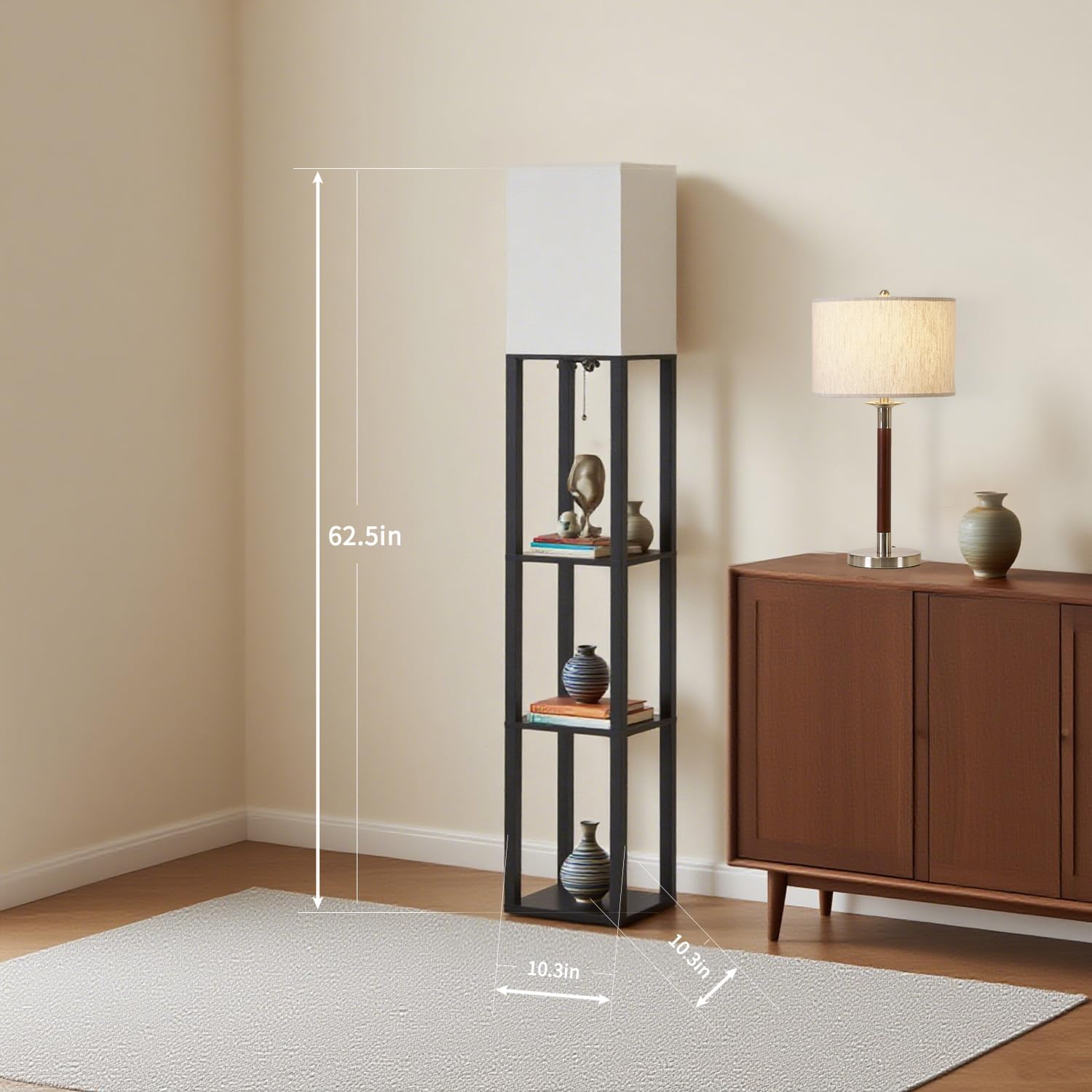 Floor Lamp with Shelves, Modern Square Shelf Lamp for Living Room, Corner Display Standing Lamp, Tall Lamp with White Shade for Bedroom, Office, Home Decor (Black)