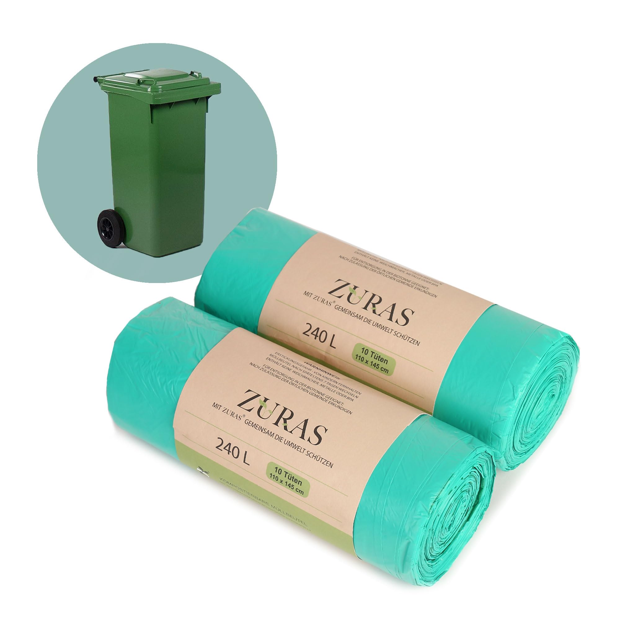 ZURAS 240 Litre Organic Bin Liners, Pack of 20, Compostable, Biodegradable Bin Liners on Plant-Based, DIN EN 13432 Certified and Tested, Tear-Resistant and Waterproof