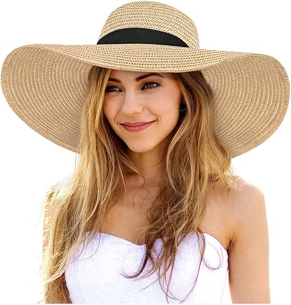 Senker Fashion Sun Hats for Women Oversize Wide Brim Straw Beach Hat Floppy Foldable Roll-Up Summer Vacation UPF 50+ Khaki Beige