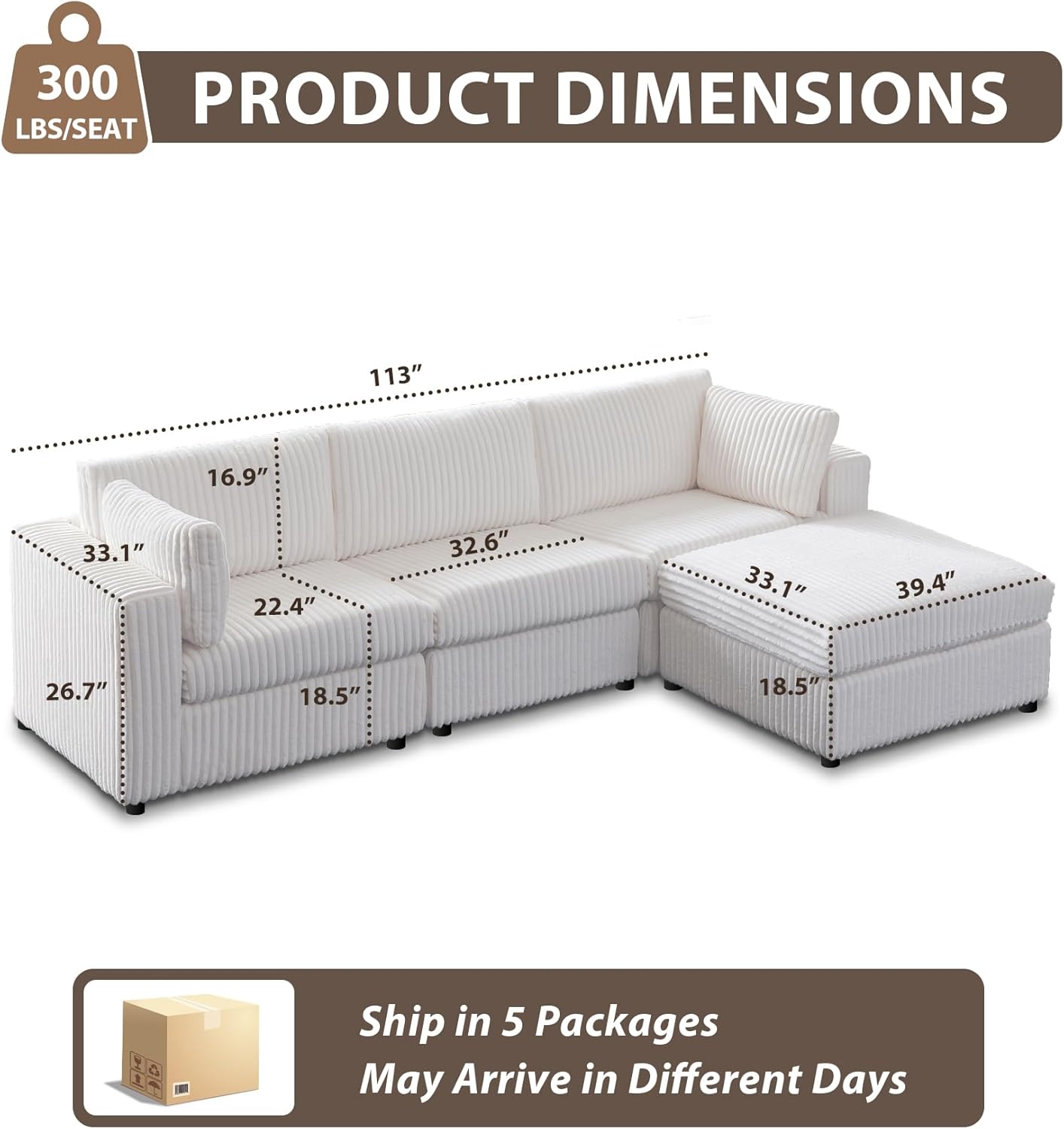 113" L-Shaped Convertible Cloud Sofa, Modular Couch with Ottoman - Corduroy Fabric, Cloud Plush Cushions, Durable White Sofa Set for Living Room (White)