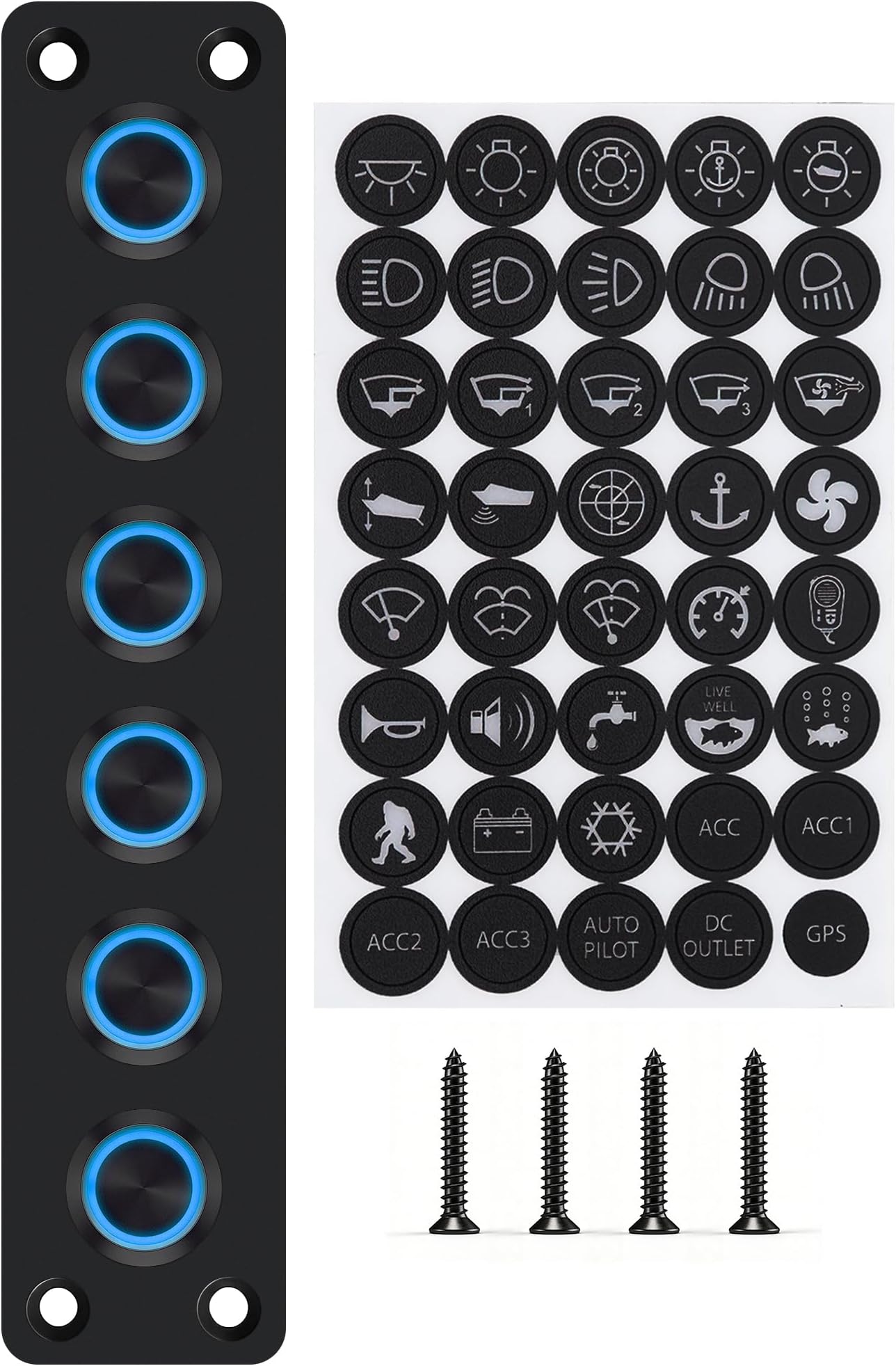 IZTOSS 6 Gang Switch Panel Pre-Wired DC 12V Switch Panel Blue LED Button and IP65 Waterproof Frosted Black Antioxidant Aluminum Panel, Ideal Marine Panel Switches, Car RV Truck Switch Panels