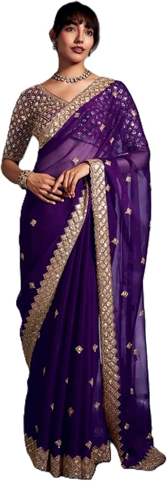Designer Purple Tissue Organza Beaded Blouse Womens saree Muslim Woman in Saari 9917