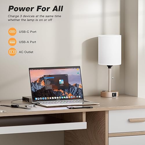 Miniatura 20 de Lámparas de noche pequeñas, 3 modos de color, blanco roto 3000K 4000K 5000K Lámparas de dormitorio con puertos USB C y A, lámparas de mesa de cadena