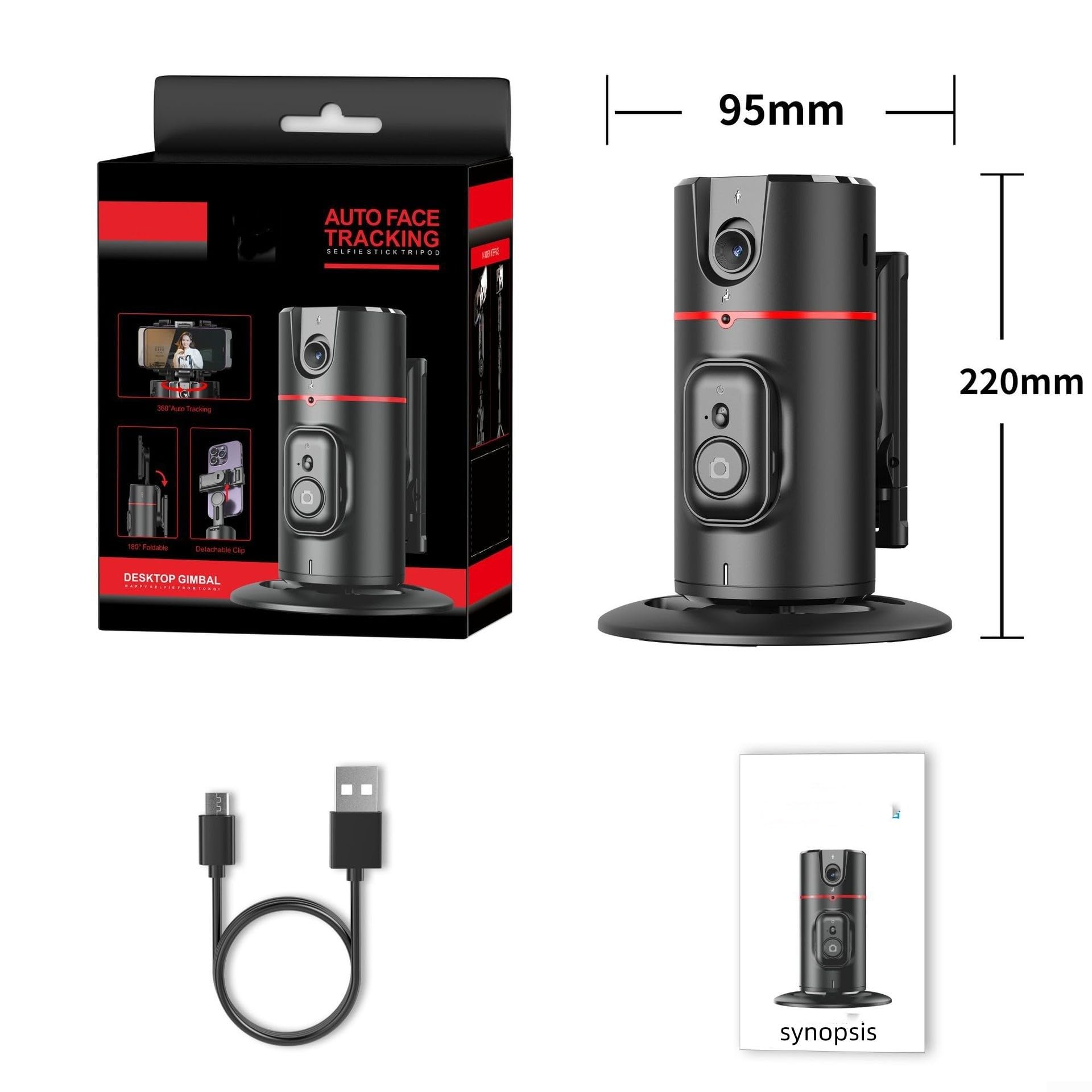 Gimbal a 360 gradi con tracciamento facciale automatico AI e telecomando per una registrazione video fluida ABS struttura in metallo supporto portatile per telefono da tavolo nero (P02-nero