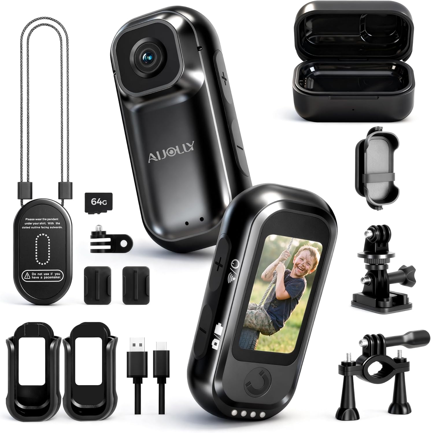 POV Body Camera, 64G Thumb Action Camera with 8h Charging Case, 1.47" Screen Sports Body Cam with GPS AI Support, Lightweight Mini Wearable Bodycam for Cycling Motorcycle Skiing Pet