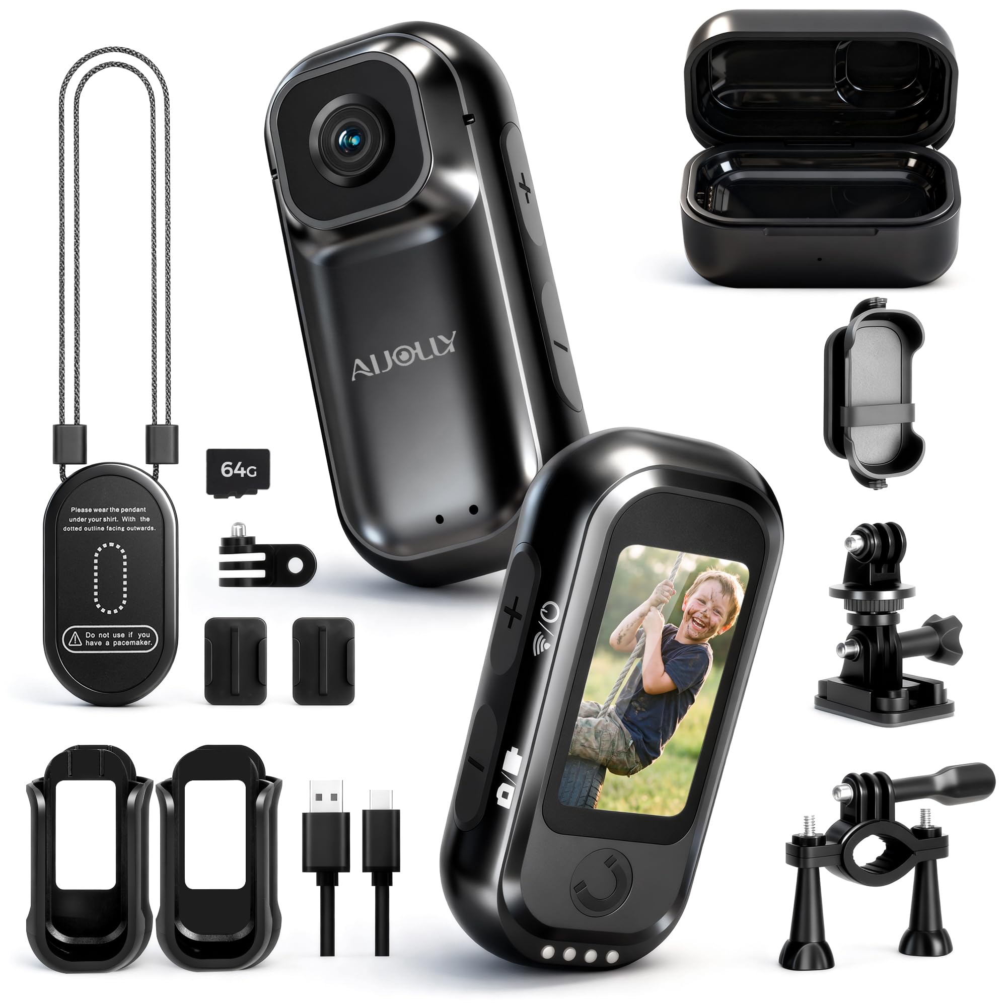 POV Body Camera with 1.47" Display, 2K HD Thumb Action Camera, 64GB Magnetic Wearable Body Cam with Charging Case, 6-8H Total Runtime, App GPS Data Overlay & Stabilization with 64G Card