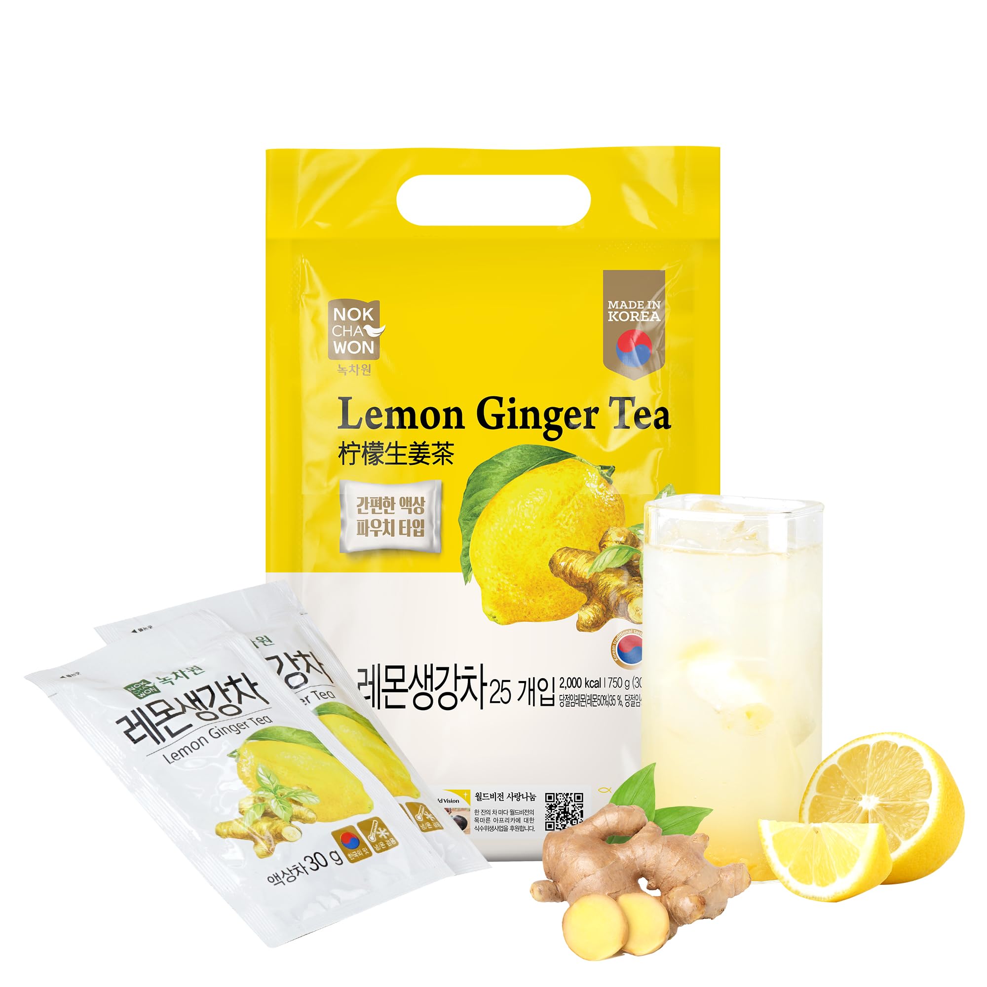 [Nokchawon] Lemon Ginger Tea Pouches 25 Pack - Refreshing Citrus Ginger Liquid Extract, Versatile for Beverages and Sauces 28.2 Oz(800g)
