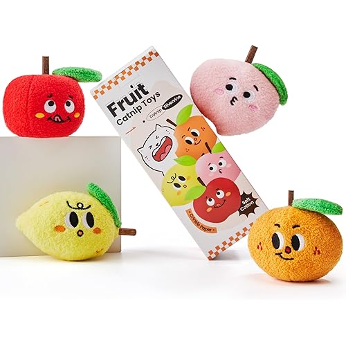 Potaroma Cat Toys Fruit Styles 4 Pcs with Catnip Silvervine and Crinkle Sound, Indoor Kitten Exercise Interactive Kicker Toys 3.8" for All Breeds