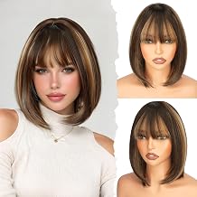 Bob Wig with Bangs 10" Short Straight Wig Caramel Brown Highlight