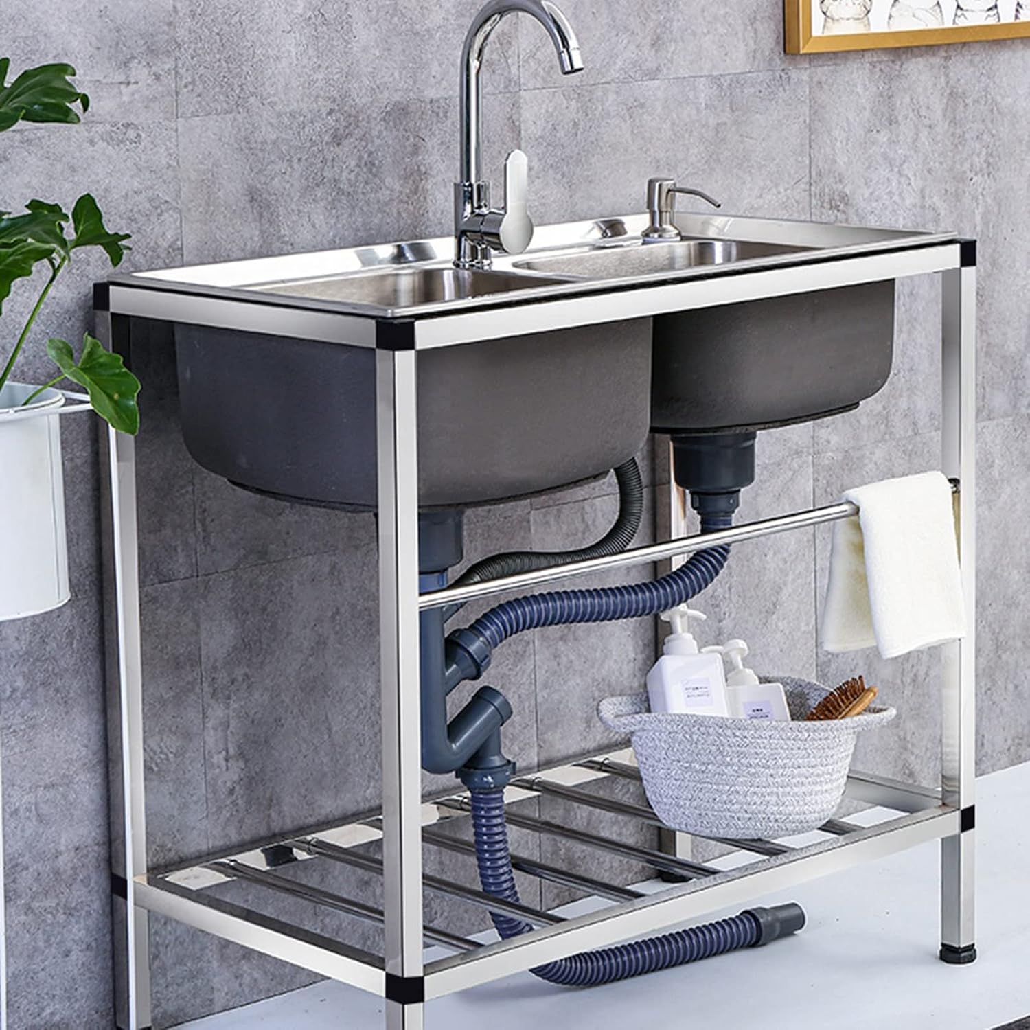Free Standing Sink Commercial,Commercial Stainless Steel Double Bowl,Stainless Steel Utility Sink,Kitchen Sink with Cold and Hot Water Faucets,Kitchen Sink for Restaurant,Backyard ( Size : 78x43x75cm
