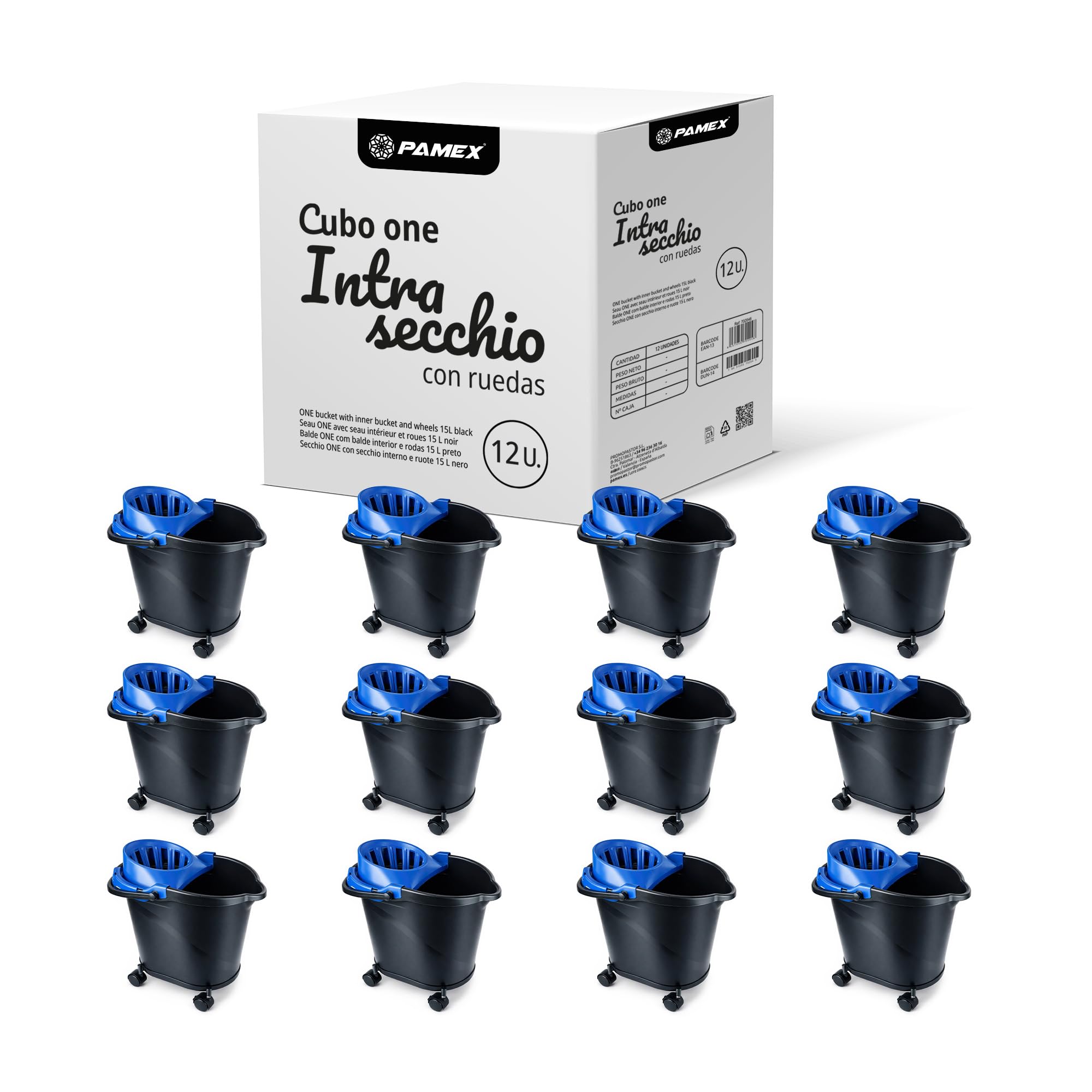 Pamex - Cubo 15l One Intrasecchio con Escurridor y Ruedas - 12 Unidades (Azul)