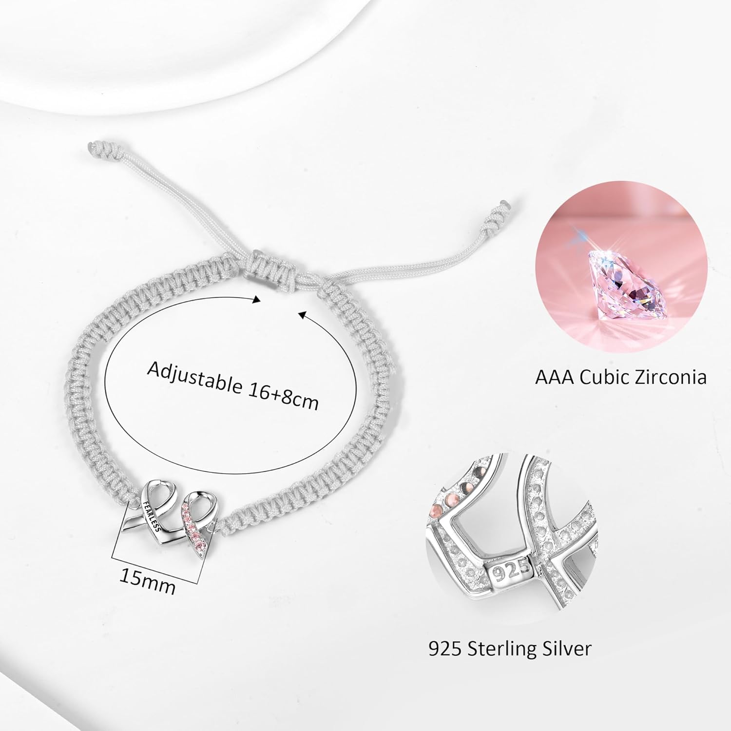 J.Endéar Cancer Awareness Bracelet for Women Sterling Silver 925 Zirconia, Handmade Cord Adjustable Lucky String Bracelet for Her, Hope Faith Inspirational Gifts - Image 4