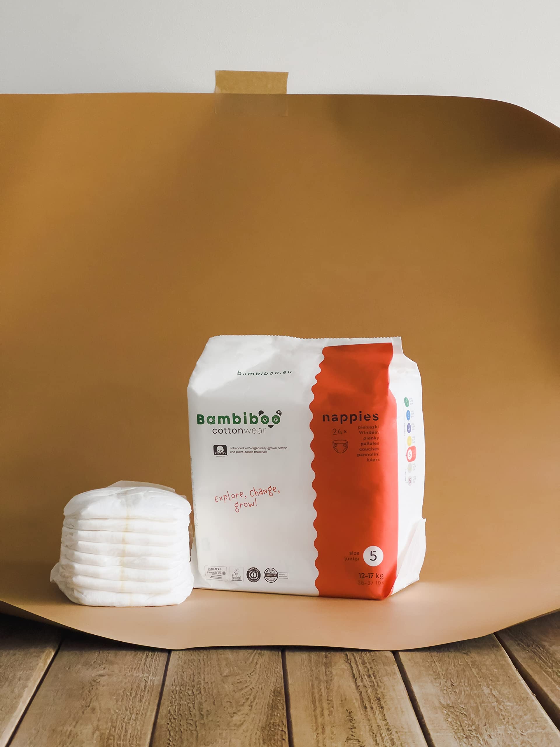 Bambiboo Pieluchy niemowlęce rozmiar 5 Junior (12-17 kg) – COTTONWEAR – jednorazowe pieluchy dla niemowląt z bawełny organicznej i materiałów roślinnych ze wskaźnikiem wilgotności – 24 szt.