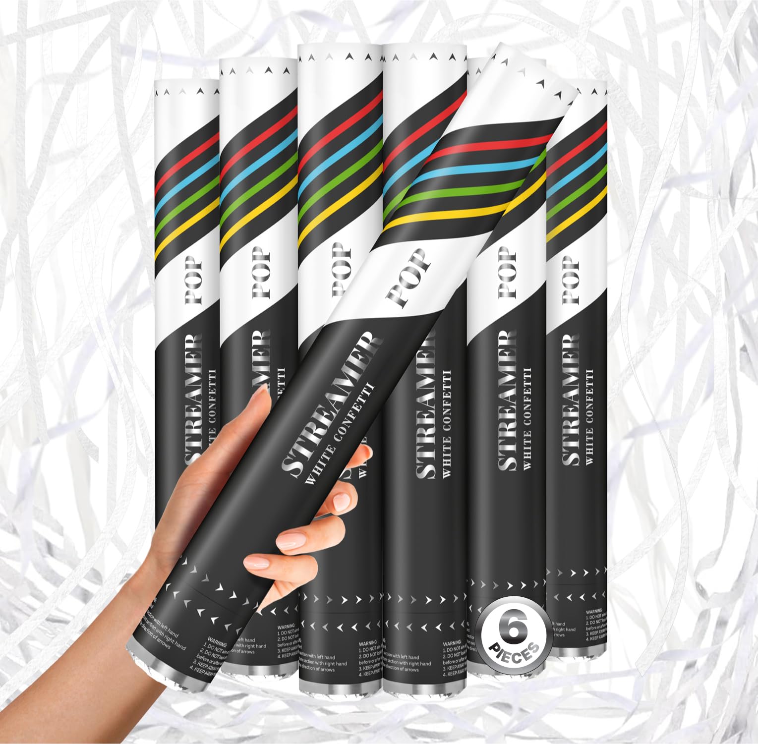 White Streamers Cannon – Handheld 16" Party Popper for Weddings, Birthdays, and Graduations – 6 Pack, Shoots Up to 40ft, Loud Pop, Biodegradable