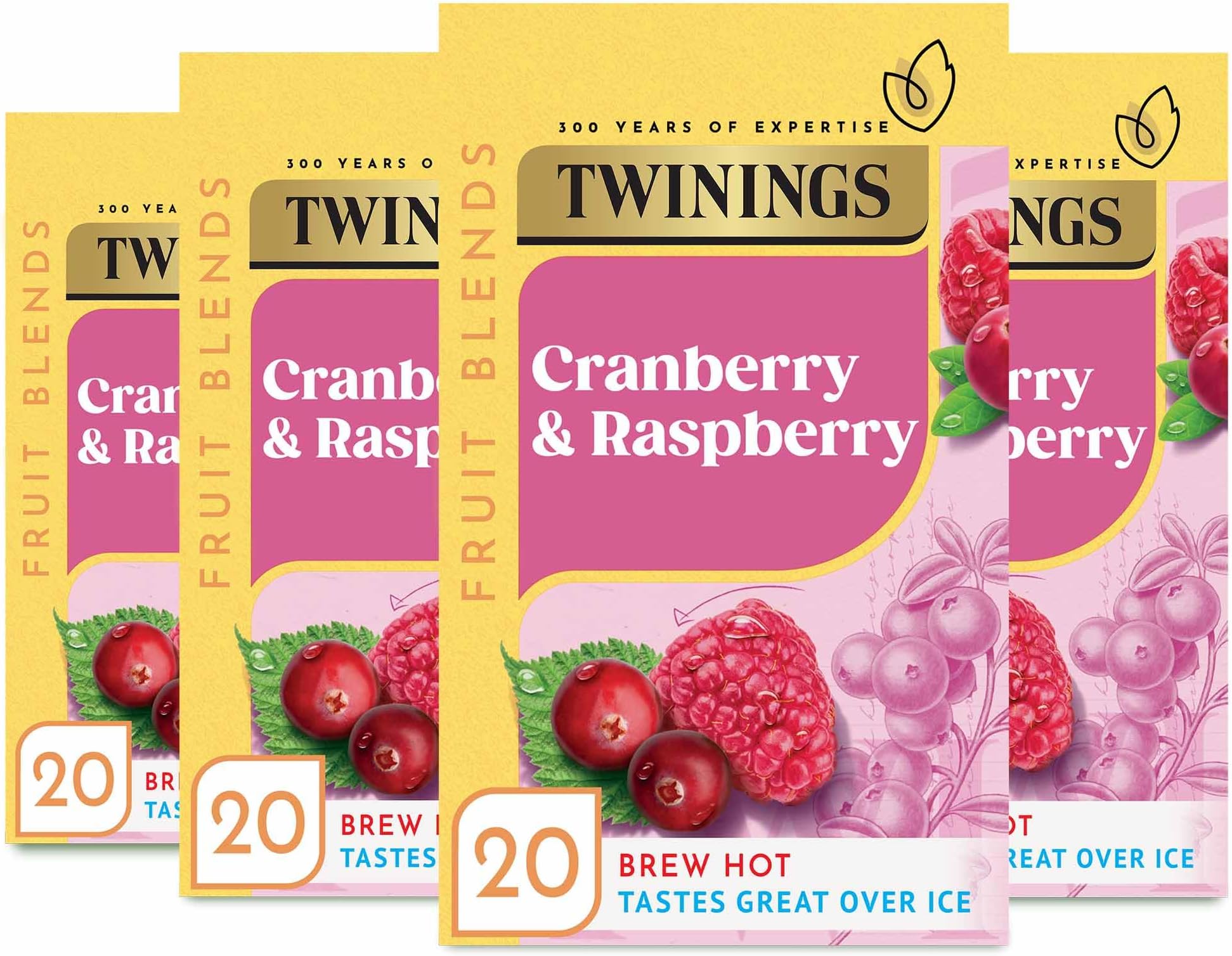 Twinings Raspberry & Cranberry Fruit Infusion Flavoured Tea, 80 Biodegradable Bags (Multipack of 4 x 20), Caffeine & Sugar Free Herbal Vegan with Natural Fruit Flavors, Refreshing Berry Blend