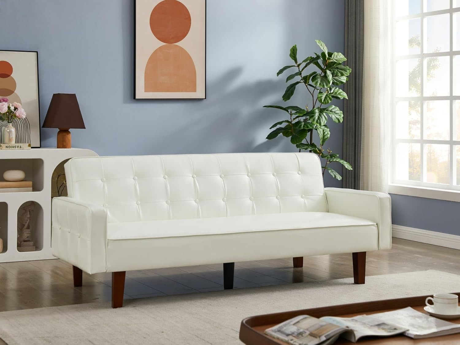 i-POOK 74.4" Convertible Futon Sofa Bed, Modern PU Leather Futon Couch with 3 Positions Adjustable Back and 5 Wood Legs, Button Tufted Loveseat Sleeper Couch for Living Room, Office, White