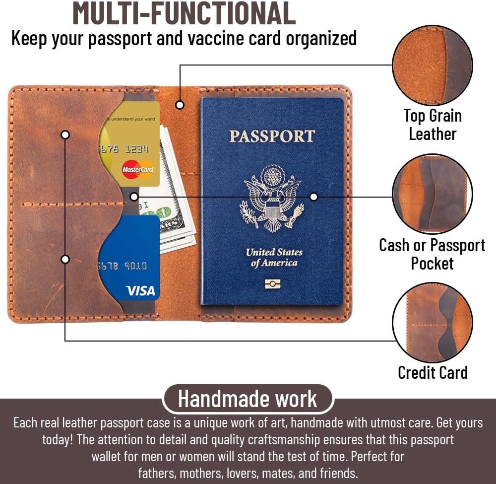 Handmade Leather Passport Holder with Airtag for Travel Gift - Hand Stitched (Dark Maroon)