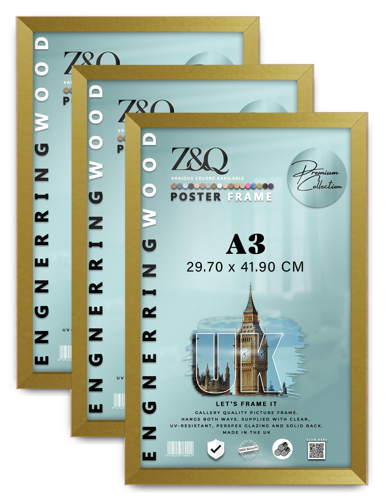 Z&Q Pack of 3 MDF Wood Finish A3 (29.70 x 41.90 CM) Poster Frame | Simple & Elegant Design 16 x 11 Inch For wall Gallery and Home Décor [ Gold ]