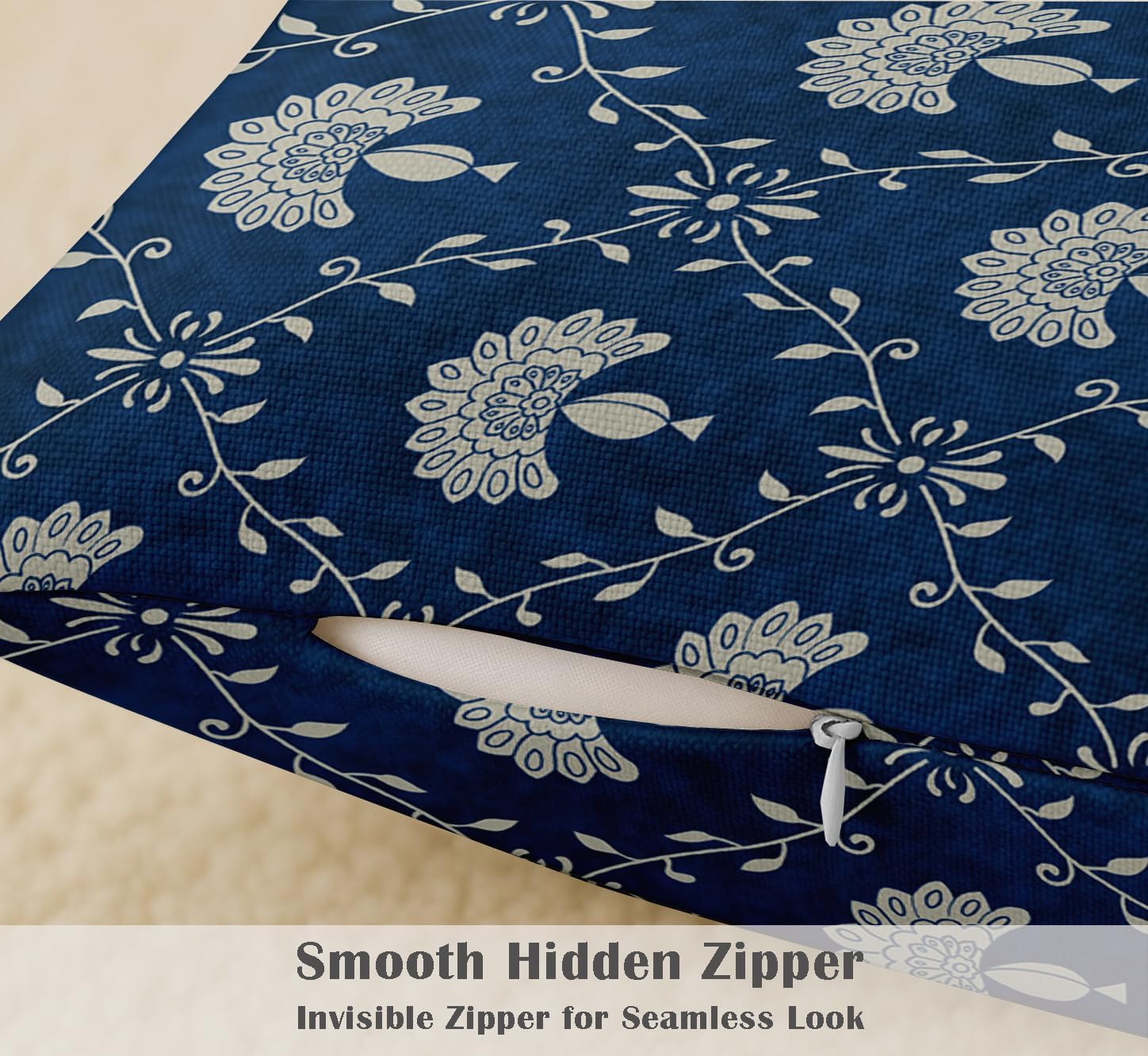 Set of 4 16x16 Inch Pillow Covers - 100% Cotton, Decorative Block Print, Double-Sided Print with Concealed Zipper - Filler Not Included - Blue