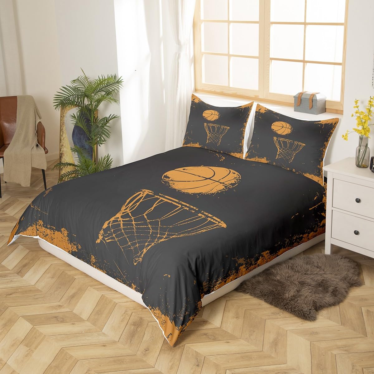 Castle Fairy Cartoon Basketball Bedding Set Twin Size,Sports Games Theme Duvet Cover Basketball Hoop Bed Comforter Cover Set for Kids Boys Girls,Sport Theme Bedding Quilt Cover Set Decorative 2 Piece