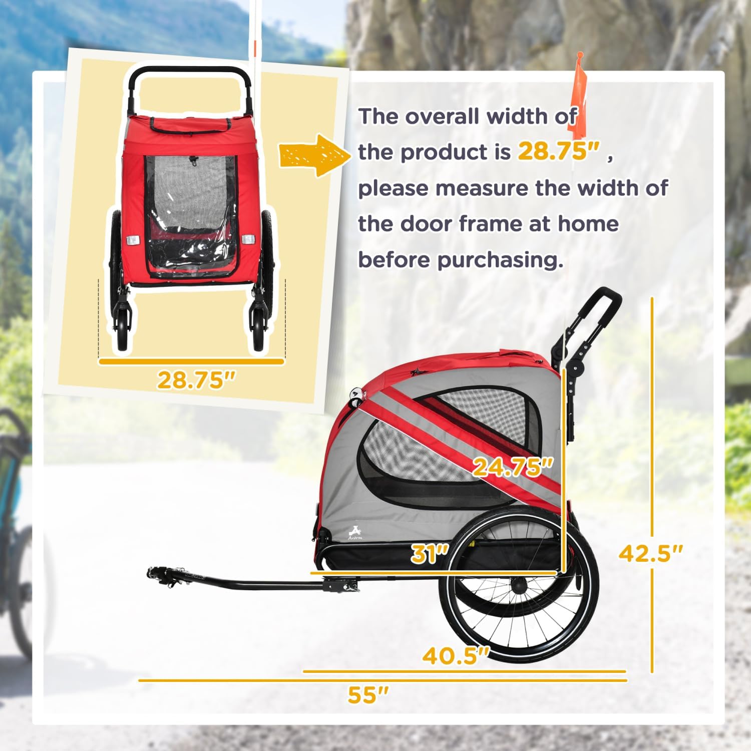 2-in-1 Pet Bike Trailer for Small Dogs, Road-Visibility Stroller, Weather-Strong Bike Wagon Trailer Sidecar Attachment, Red